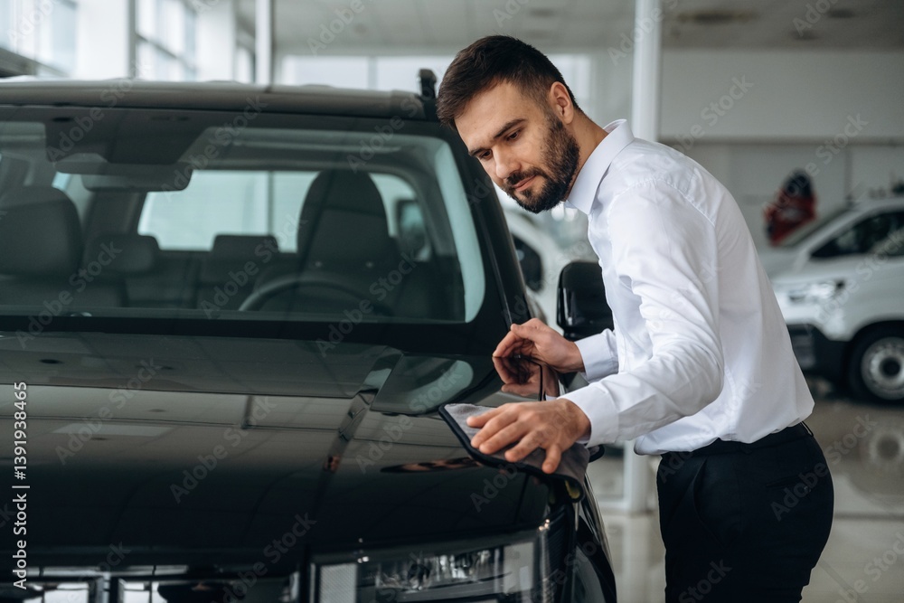 Checking the surface. Dealership worker is near the car Checking the surface. Dealership worker is near the car