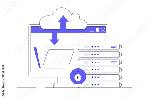 Data Center, web servers, service, internet connection, cloud servers with security. Flat Cartoon Vector Illustration, icon. Stylish abstract design