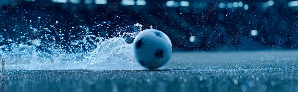 Naklejka premium Dynamic flying soccer ball splashing water under soft top light in motion blur on sports field background