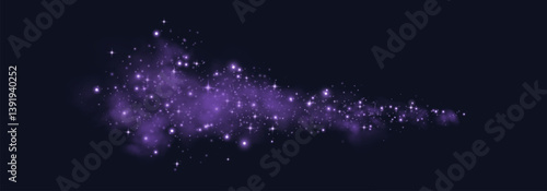 Purple glittering dots, particles, stars, magic sparks with smoke. Glow flare light effect. Purple luminous points in fog. Vector particles on transparent background.