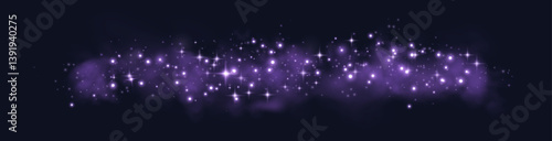 Purple glittering dots, particles, stars, magic sparks with smoke. Glow flare light effect. Purple luminous points in fog. Vector particles on transparent background.