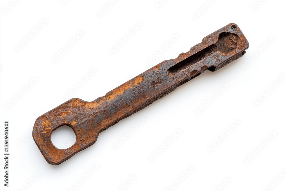 Heavily rusted antique metal key close up shot on white background showing significant corrosion and isolated on transparent background Heavily rusted antique metal key close up shot on white background showing significant corrosion and isolated on transparent background