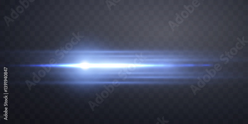 Blue horizontal lens flare.  Sun flash with rays or spotlight and bokeh. Glow flare light effect. Isolated on transparent background.Vector illustration.