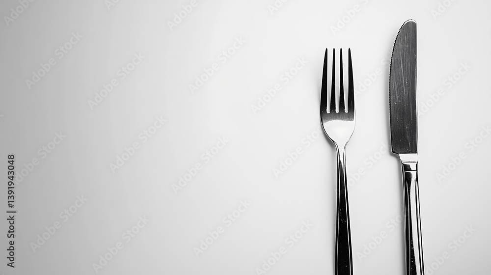 Silver fork and knife neatly arranged on a plain white surface showcasing minimalist dining aesthetics in a high key monochrome. Silver fork and knife neatly arranged on a plain white surface showcasing minimalist dining aesthetics in a high key monochrome.