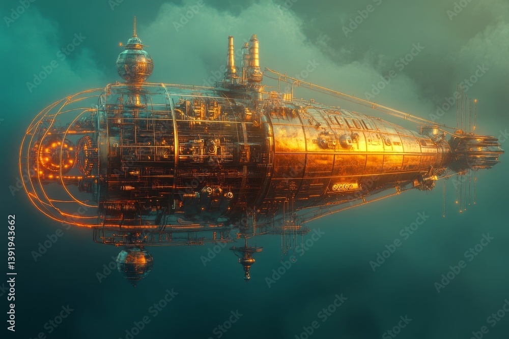Obraz premium Steampunk airship floats in a sky with blue and green hues.