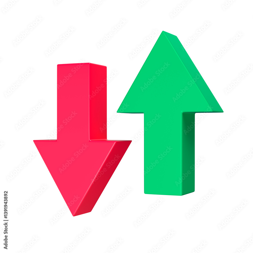 Up and down green and red arrows isolated. Rise and fall concept. 3d rendering Up and down green and red arrows isolated. Rise and fall concept. 3d rendering