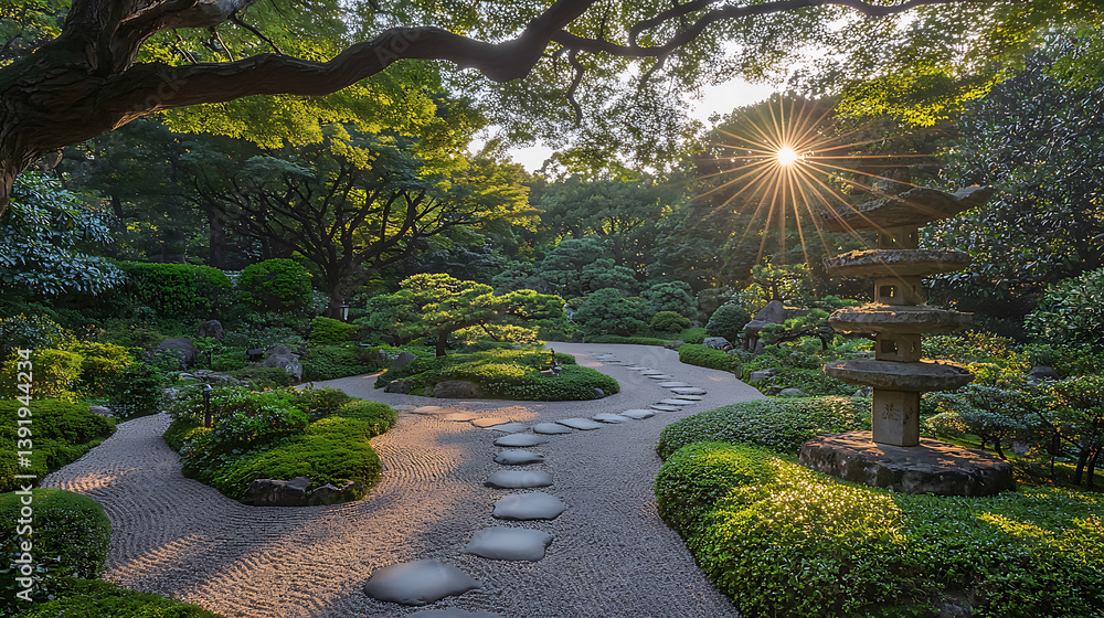 Obraz premium Sunburst over a serene Japanese garden with stone path manicured plants a traditional stone lantern and tranquil gravel beds.