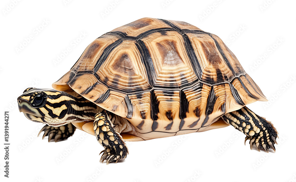 Fototapeta premium Striking Yellow-Brown Tortoise Crawls Slowly Against White Background. AI Generated