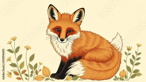 Adorable Red Fox Sitting Amidst Autumn Flowers Illustration