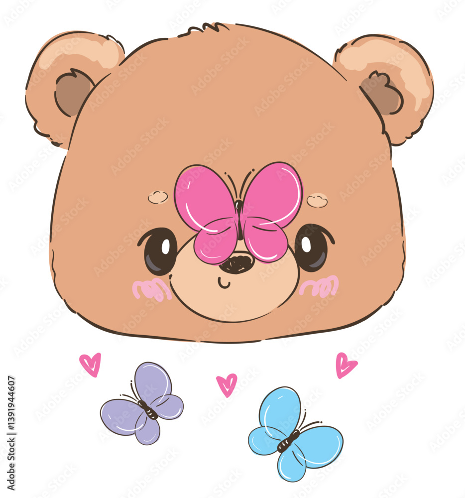 Fototapeta premium teddy bear and Butterfly vector hand drawn illustration cute print design for kids 