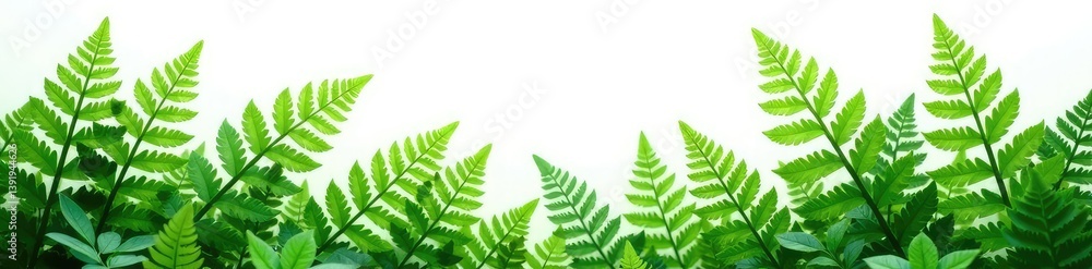 Lush ferns with delicate fronds spread across a crisp white background, foliage, lush greens Lush ferns with delicate fronds spread across a crisp white background, foliage, lush greens