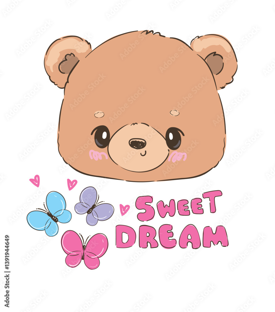 Fototapeta premium teddy bear and Butterfly vector hand drawn illustration cute print design for kids 