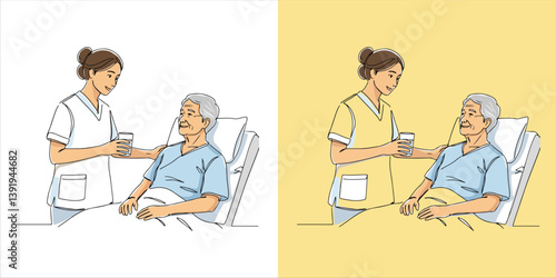 A compassionate and attentive female nurse gently hands a glass of water to a senior patient, ensuring their comfort and well being with kindness and professional care.