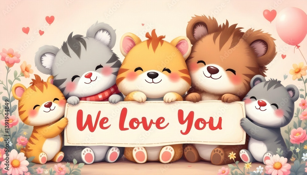 Naklejka premium Cute Cartoon Animals Holding a 'We Love You' Banner for Mother's Day - high Quality Premium collection