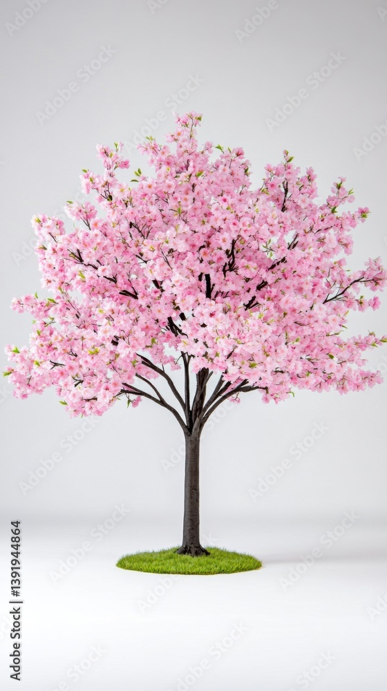 Fototapeta premium A stunningly detailed image showcases a delicate pink cherry blossom tree in full bloom against a soft white background, perfect for sp themed designs and projects needing a