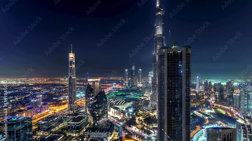custom made wallpaper toronto digitalPanoramic skyline of the buildings night timelapse in Dubai, UAE.