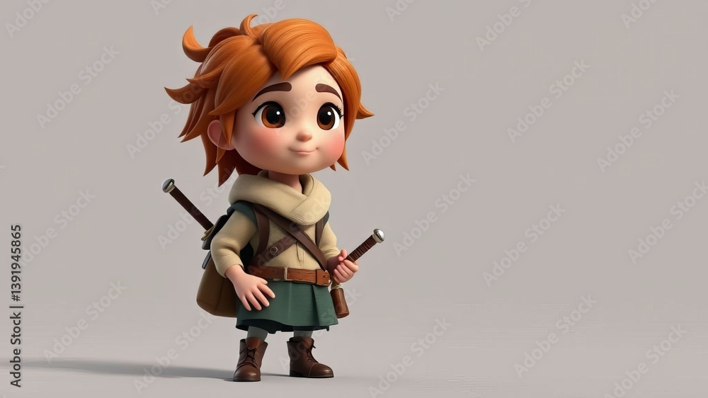 Adorable 3D Render of a Young Boy Adventurer with Swords Adorable 3D Render of a Young Boy Adventurer with Swords