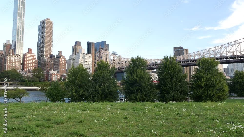 New York City waterfront skyline, Queensboro Bridge, Manhattan Midtown buildings, riverfront skyscrapers. Waterside cityscape view from Roosevelt Island. United States architecture and real estate. New York City waterfront skyline, Queensboro Bridge, Manhattan Midtown buildings, riverfront skyscrapers. Waterside cityscape view from Roosevelt Island. United States architecture and real estate.