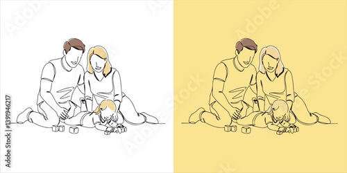 Happy family with a little girl lying on the floor continuous single line art drawing sketch on white background