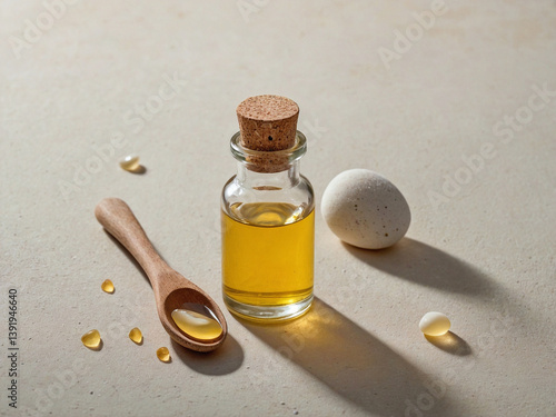 a small glass bottle filled with emu oil on a white background
