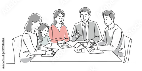 A family sits down with a financial adviser or real estate agent, attentively receiving expert guidance and advice to make informed decisions regarding their financial plans or property investments.

