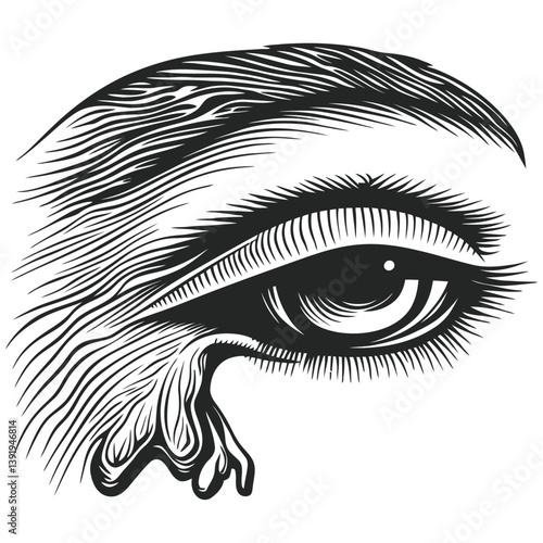 Eye with Tear, Detailed Line Art, Vector Illustration Design