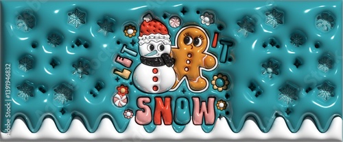 Cute Snowman and Gingerbread Character on a Festive Background