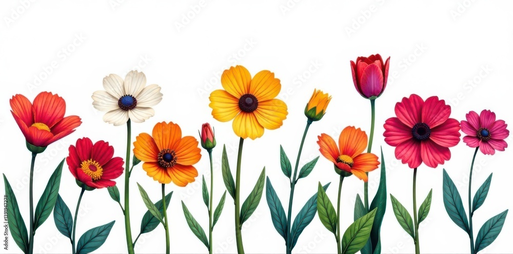 Fototapeta premium Brightly colored flowers in bold outline style, against a contrasting white background, abstract , illustration