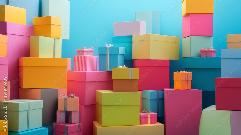 Colorful gift boxes piled high against a blue background. Colorful gift boxes piled high against a blue background.