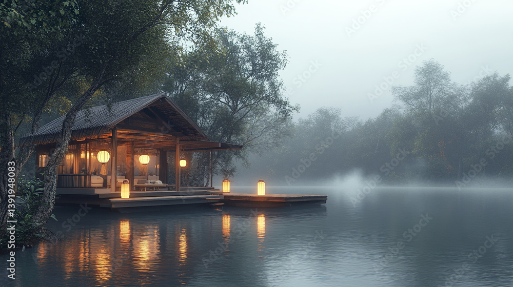 Obraz premium floating resort house on tranquil river with soft lantern light