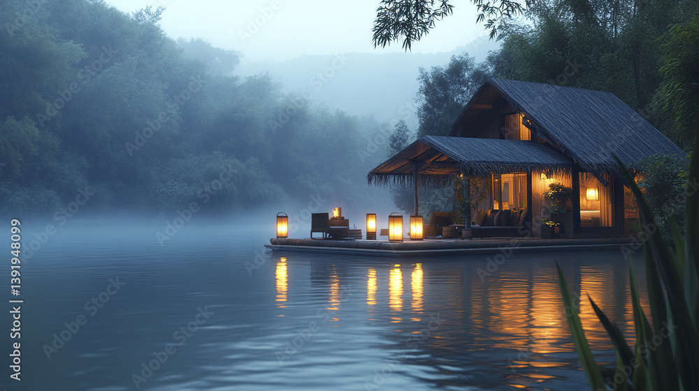Fototapeta premium floating resort house on tranquil river with soft lantern light