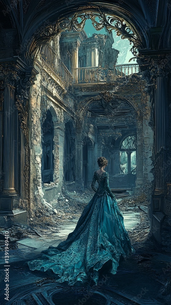 Woman in gown stands in ruined building with columns and archways. Woman in gown stands in ruined building with columns and archways.