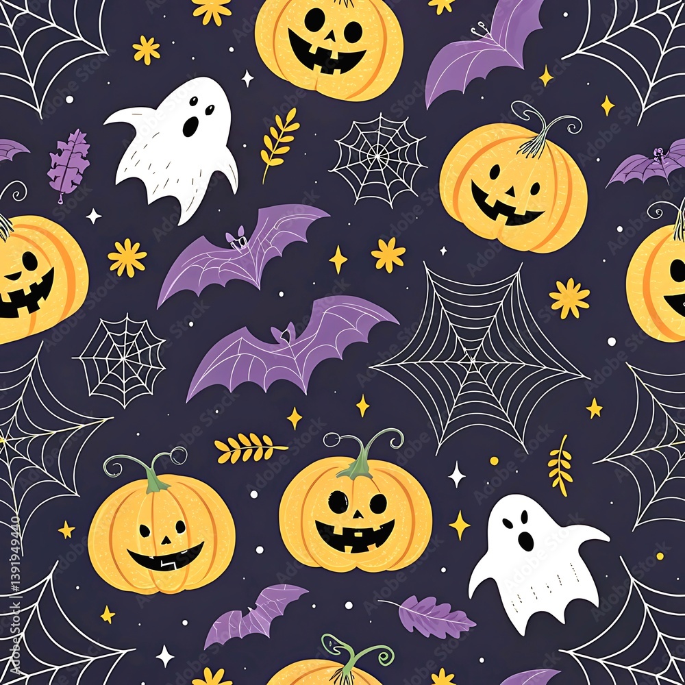 Cute Halloween Pumpkin Bats Ghosts Web Seamless Pattern Design art fun dark fall kids party white Cute Halloween Pumpkin Bats Ghosts Web Seamless Pattern Design art fun dark fall kids party white