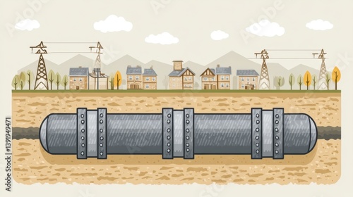 Underground Pipeline System Beneath a Pixelated Townscape with Distant Powerlines and Autumn Trees