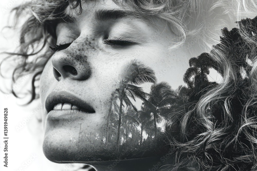 Fototapeta premium A black and white portrait shows a person with trees