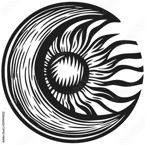 Abstract Sun and Moon Design in Black and White Vector Illustration