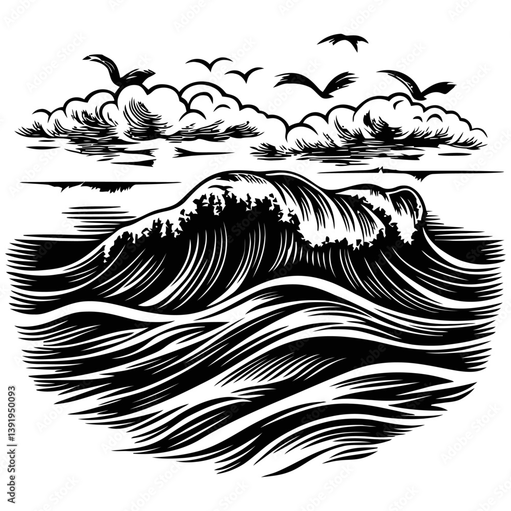 Fototapeta premium Black and White Vector Image of Ocean Waves and Sky with Birds