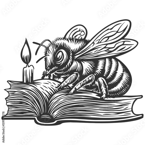 Detailed Bee Illustration with Candle on Open Book in Vector Style