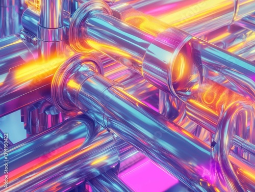 Shiny metal chain links with colorful glowing highlights abstract digital art.