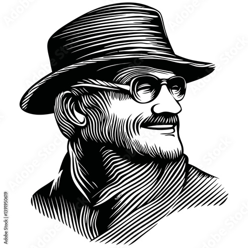 Vintage Sketch of a Bearded Man in Hat with Round Glasses