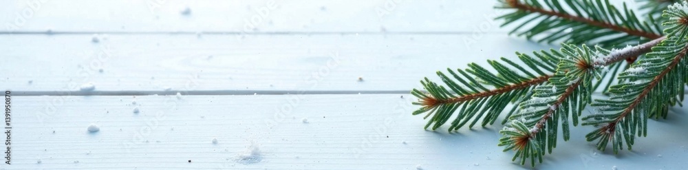 Frosty fir branch against a snowy white wooden board with falling snowflakes , Winter, Fir, Wood