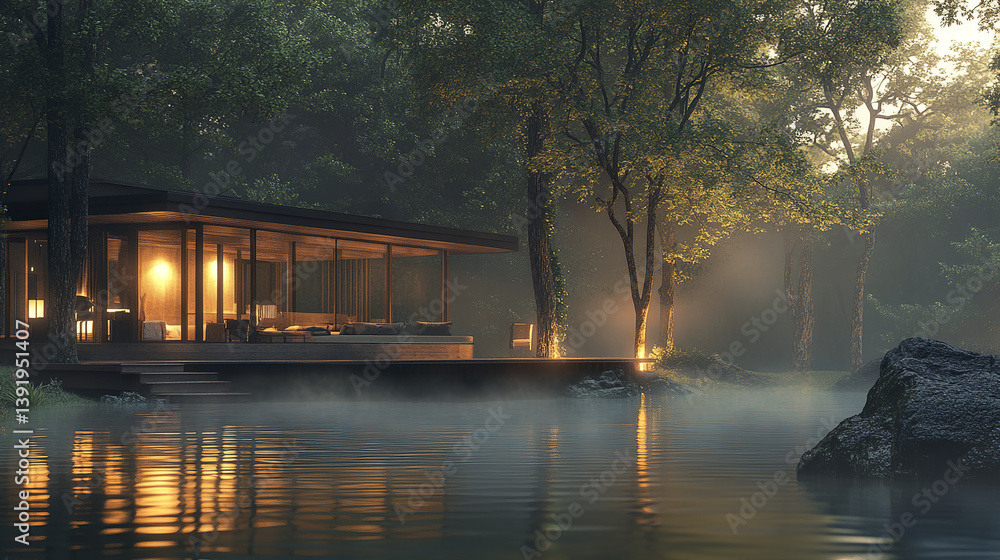 Fototapeta premium serene forest retreat with floating design on misty lake