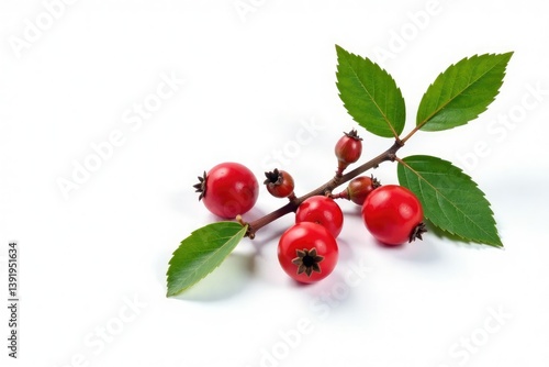 small isolated branch with red berries on white background, branchy berries, red branches