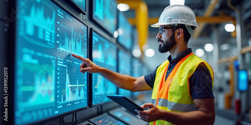 Expert data screen panel. Tech media real time chart. Modern factory 4.0 monitor check, indoor system control goal. Man vest, hat safety gear. Work growth hard concept. Smart high blue collar inspect.