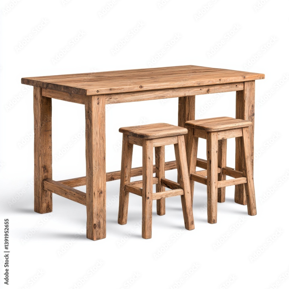 A rustic wooden pub table set with two matching stools perfect for a cozy kitchen or pub setting offe a charming and inviting atmosphere. A rustic wooden pub table set with two matching stools perfect for a cozy kitchen or pub setting offe a charming and inviting atmosphere.