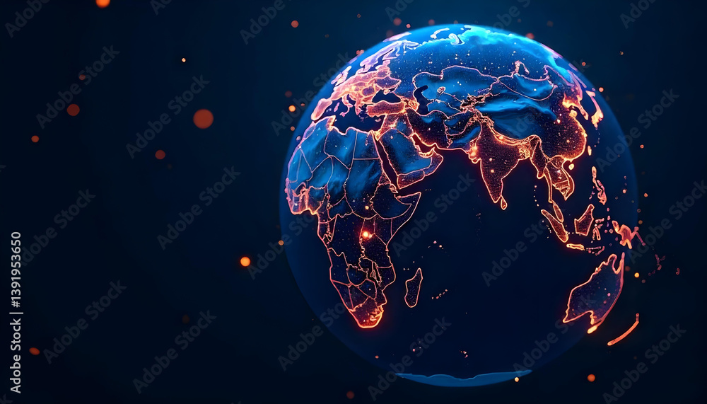 Naklejka premium Stunning digital illustration of planet earth highlighting illuminated continents, perfect for tech visuals.
