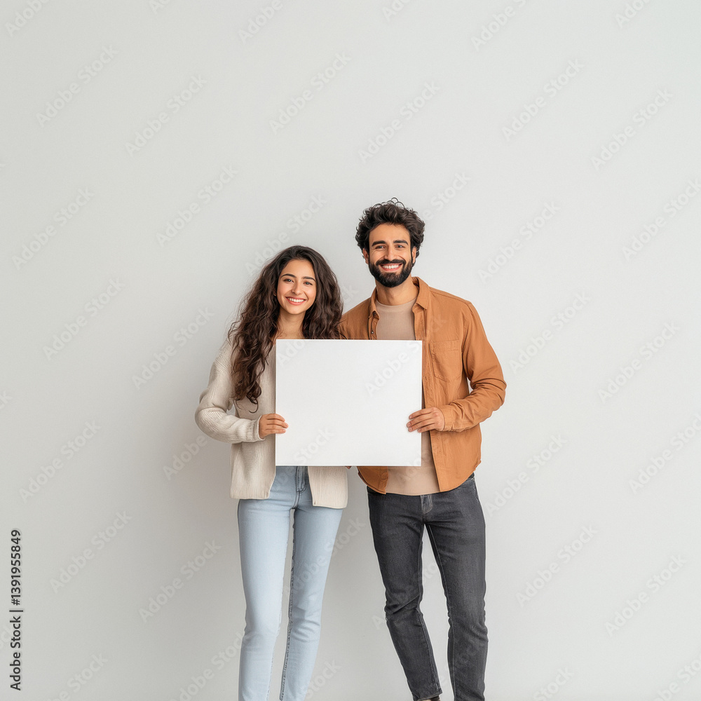 young indian couple holding a white cardboard young indian couple holding a white cardboard