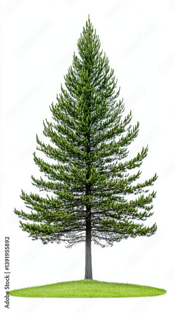 Fototapeta premium A perfectly symmetrical spruce tree stands tall on a small patch of vibrant green grass against a pristine white background showcasing its lush evergreen needles and elegant shape.