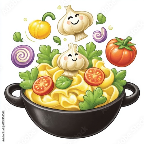 Whimsical Pasta Dish Illustration with Smiling Garlic and Vegetables