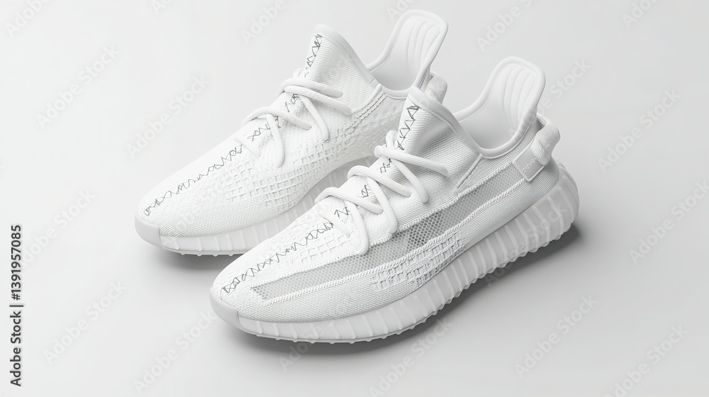 A pure white sneaker isolated on a light grey background with studio lighting showing the ultra detailed texture in a 3D rendering style. A pure white sneaker isolated on a light grey background with studio lighting showing the ultra detailed texture in a 3D rendering style.